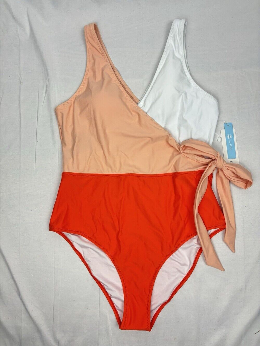 NEW CUPSHE Orange Peach White Color-Block Side Tie Bow One Piece Swimsuit XXL